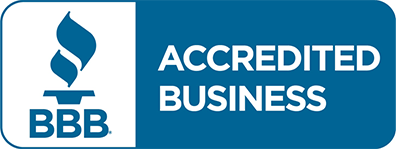 A blue and white logo that says accredited business.