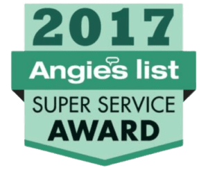 A green badge that says 2 0 1 7 angie 's list super service award.